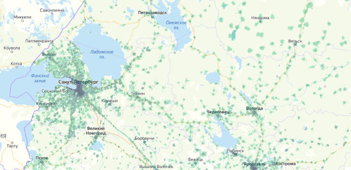 Зона покрытия МТС на карте Нижний Новгород 